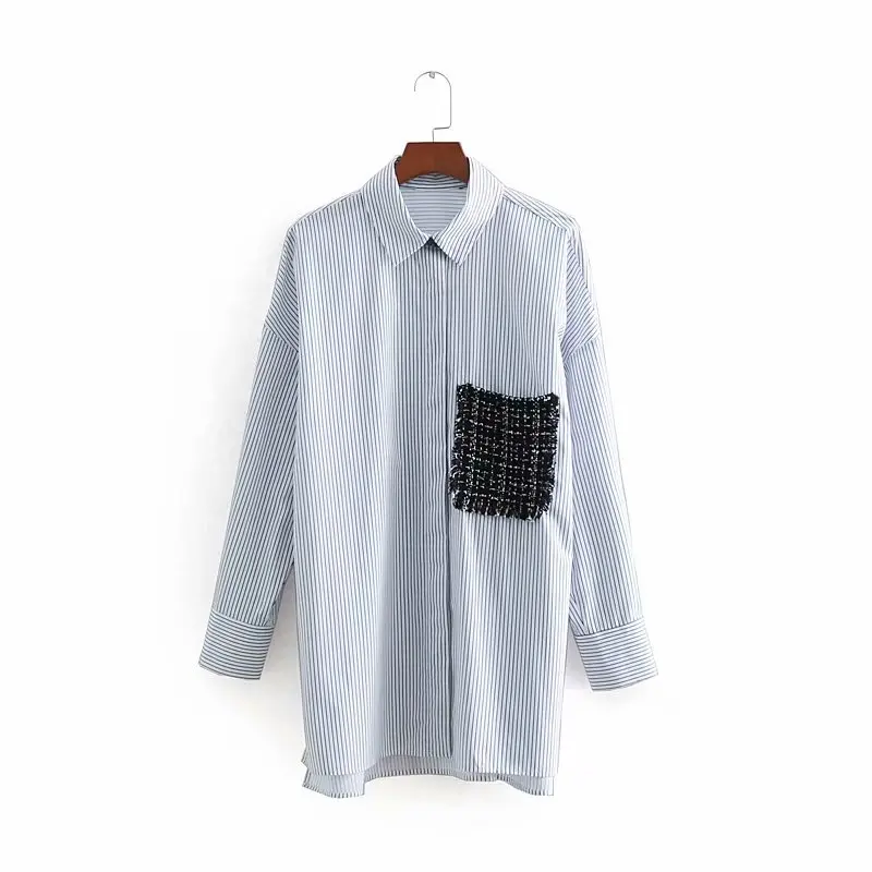 

new women fashion woolen pocket patch casual stripe smock blouse shirts women blusas long sleeve business chemise tops LS3163