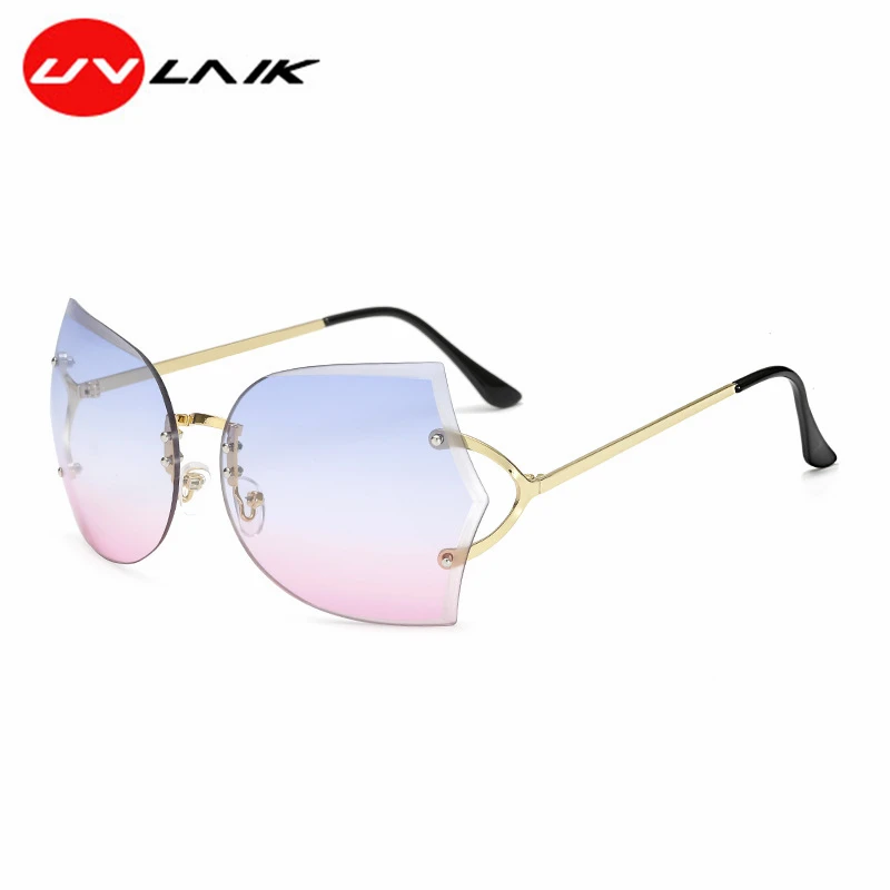 

UVLAIK irregular rimless men women sun glasses vintage gradient cutting lense metal frame strong impact female sunglasses UV400