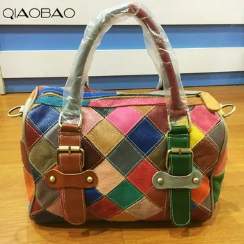 

QIAOBAO 100% Cowhide Leather Bag Patchwork Big Ladies Hand Bags Girls Soft Genuine Leather Shoulder Bag Lady Totes