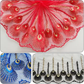 

2yds 17cm Gold Peacock Feather lace Embroidery Net accessory clothing lace fabric mesh decorative skirt European 4Color L0146