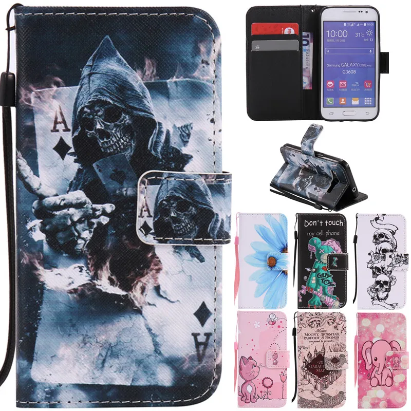 

Luxury Cute Cartoon Poker Skull Cat Flower Flip Leather Fundas Case For Samsung Galaxy Core Prime LTE G360 G361 G3608 Back Cover