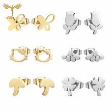 FGifter, 6 пара/лот, милые серьги-гвоздики для девочек, набор из нержавеющей стали, Бабочка, Китти, роза, цветок клевера, серьги, модное ювелирное изделие