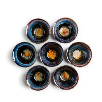 

1pc Ceramics Leaf Pattern Tea Cup For Home Family Portable Cup Blue Color Enamel Porcelain Chinese Tea Cup Retro Drinkware 2019