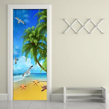 

3D Wall Mural Door Sticker Mediterranean Seascape Beach Photo Wallpaper PVC Waterproof Moisture-Proof Doors Renovation Stickers