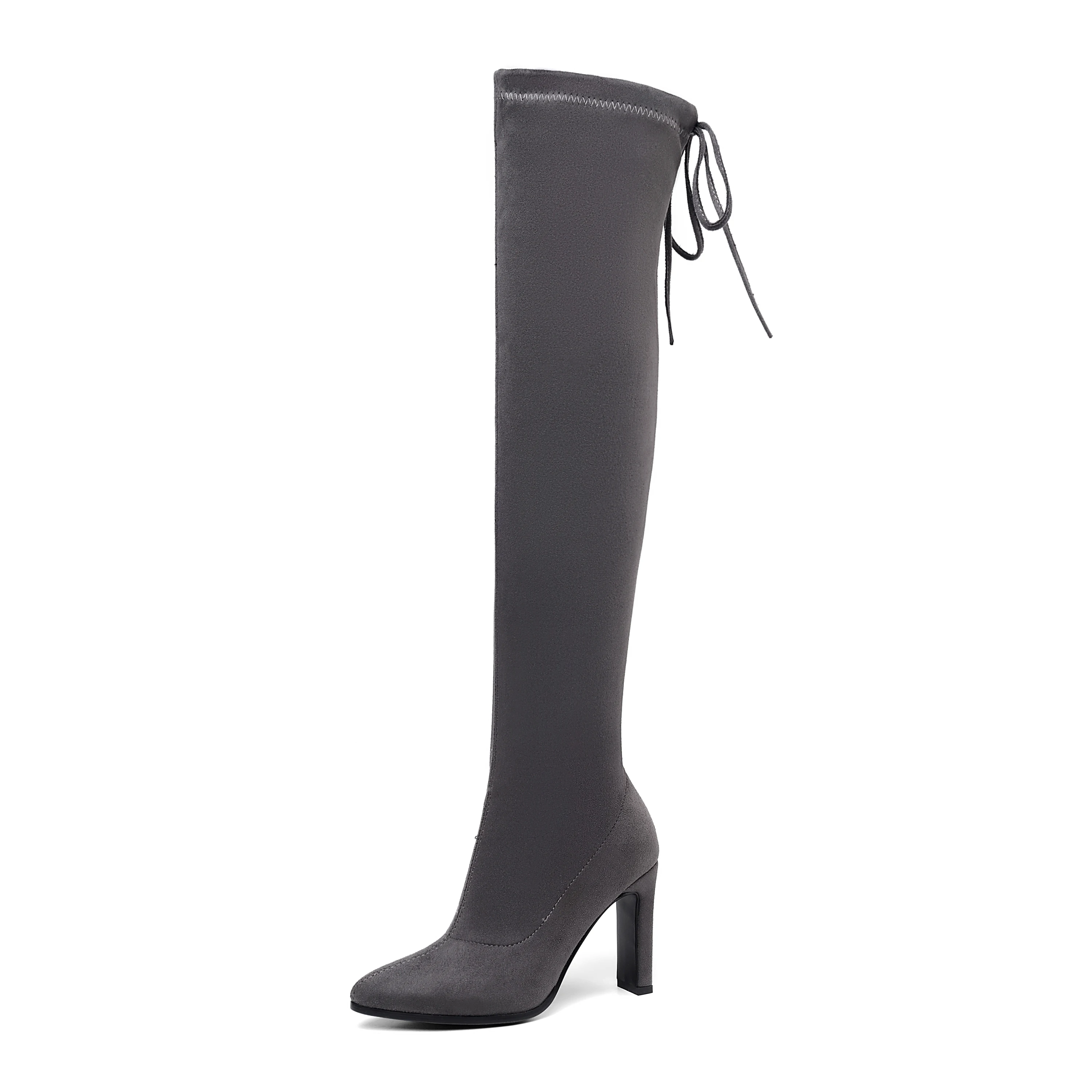 QUTAA г. Модные ботфорты на высоком квадратном каблуке зимняя женская обувь женские эластичные высокие сапоги на платформе со шнуровкой размеры 34-43 - Цвет: Серый