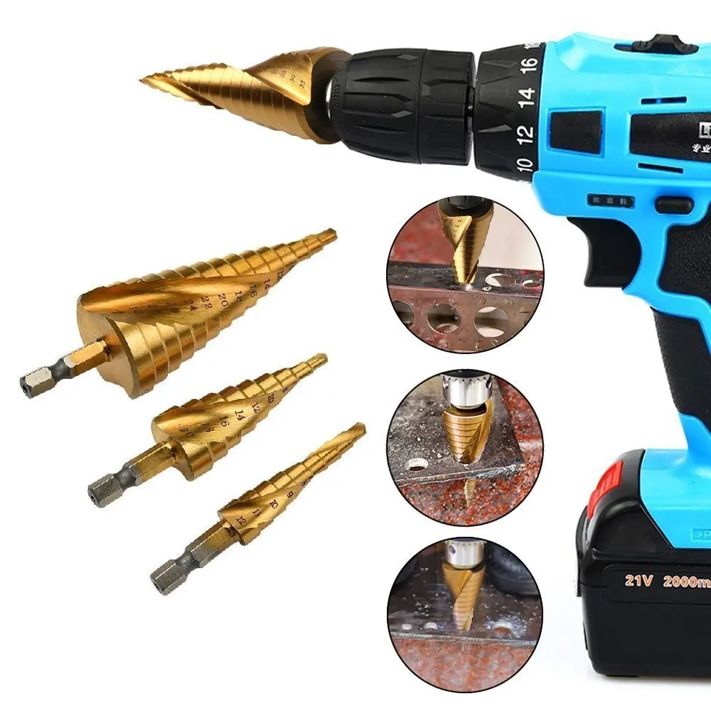 3Pcs HSS Titanium Drill Bit Set, 4-12/4-20/4-32mm , 1/4