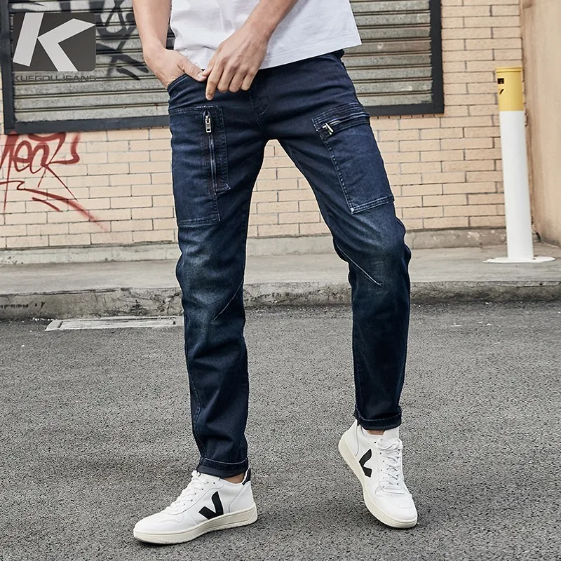 

KUEGOU 2019 Autumn Cargo Jeans Men Brand Slim Fit Ripped Distress Pants For Male Fashions Streetwear Hip Hop Denim Trousers 2938