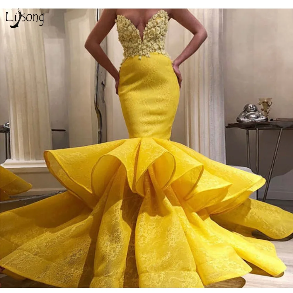 Лимонно-желтые кружевные платья для выпускного вечера, 3D цветок, сексуальные длинные платья для выпускного вечера, любимая девушка, платья с открытыми плечами, размер Robe De Soiree