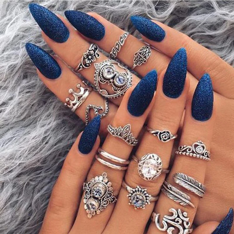 

Tocona Antique Silver Crystal Geometric Ring Set Hasma Hand Flower Hoollow Out Heart Rings Carving Leaf Knuckle for Women 4020