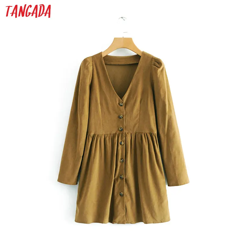 

Tangada fashion vintage corduroy dresses women tunic v neck buttons long sleeve casual mini dress vestidos 2XN156