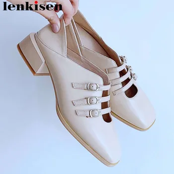 

2019 Art girls preppy style genuine leather low heels slip on pumps metal buckles decoration classic square toe dating shoes L10