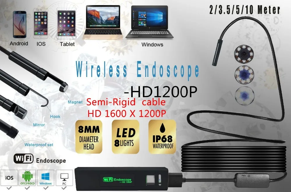 XINFICAM Wifi эндоскоп камера 8 мм 1200 P HD для Android iOS iphone провод Труба Змея осмотра