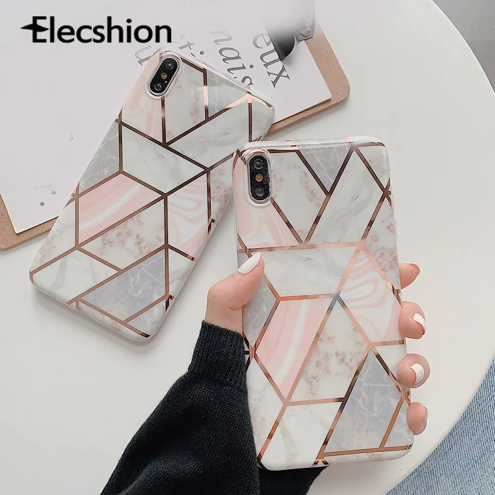 

Marble Phone Case For iPhone 7 8 Plus XR Geometric Texture XR XS Max Electroplated For iPhone 6 6s Plus Soft Back Shockprof Case