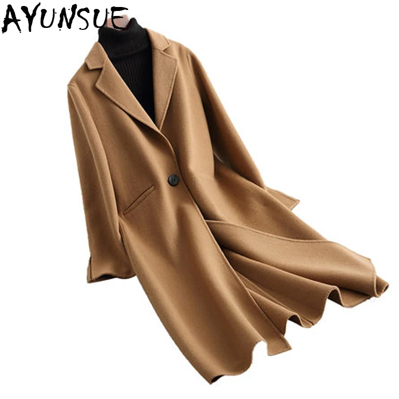 

2019 Winter Coat Women One Button Pocket Wool Blend Coats Female Long Blue Trench Coat Outwear casaco feminino inverno LX2101