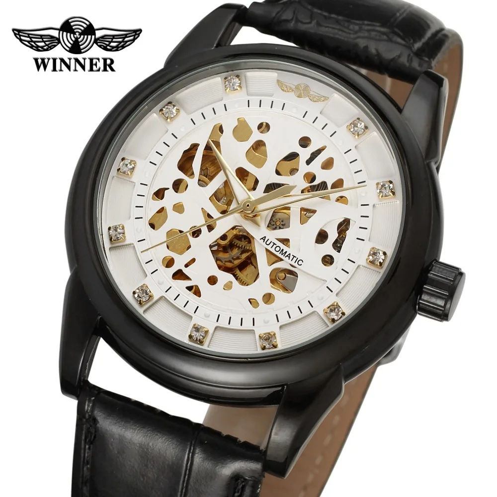 High end Men Watches 2015 Skeleton White Dial Black Bezel Genuine Leather Strap erkek saat