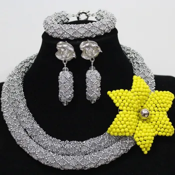 

4UJewelry 48CM Jewellery Set for Bride White / Silver Necklace Set With Red / Yellow Beaded Flower 3Pcs Free Shipping 2 Rows Set