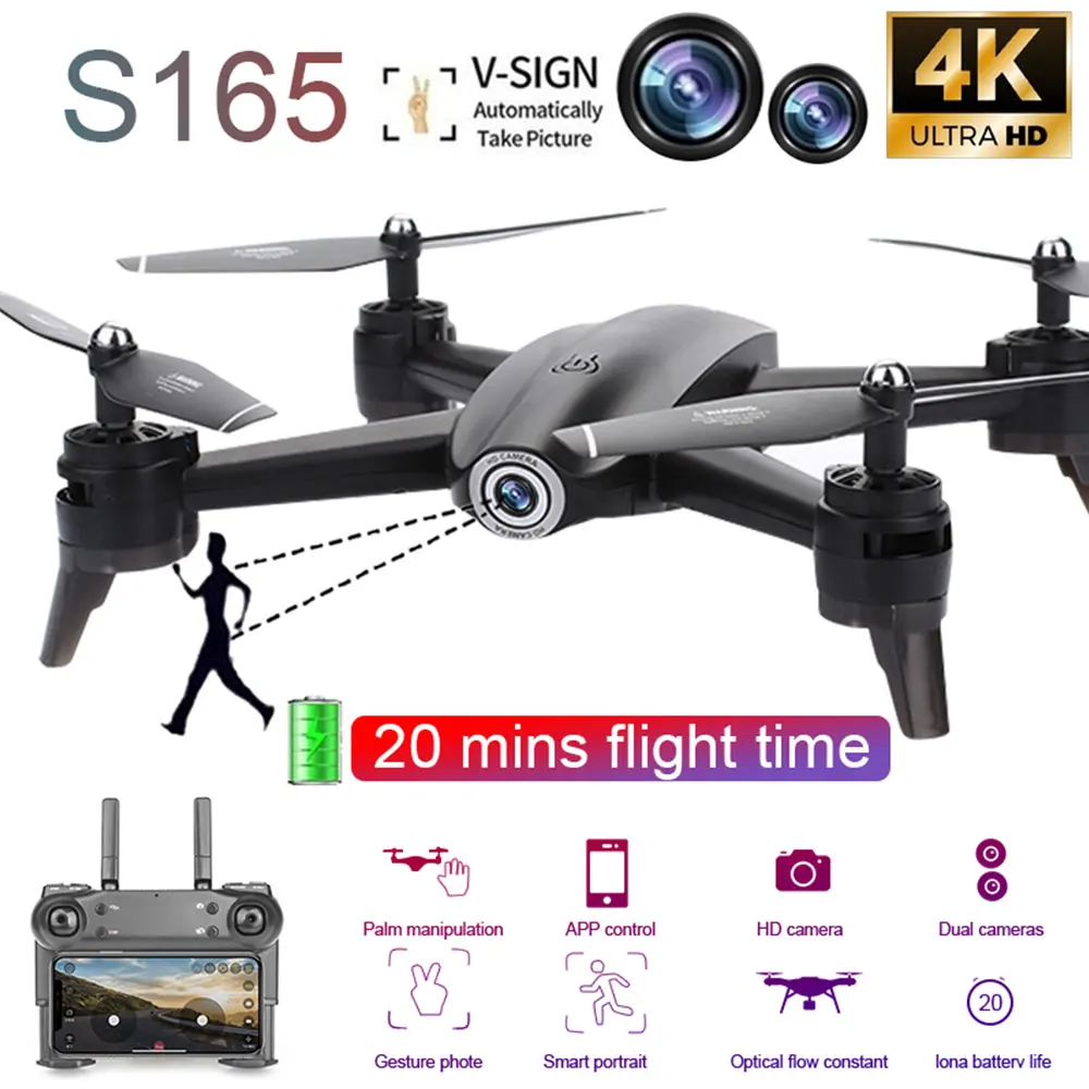 

S169 RC HD 2K Drone Double Camera Headless Mode 2.4GHz 4 CH 6 Axis Gyro Gesture Photo Optical Flow Positioning Wide Angle UAV