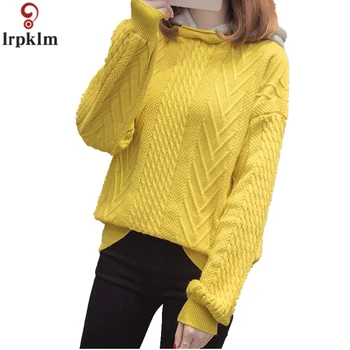 

Women's Fall Short Sweater Hooded Loose Yellow Red Sweater For Female Plus Size Wool Knitted Clothes Thickened Pullover CH458