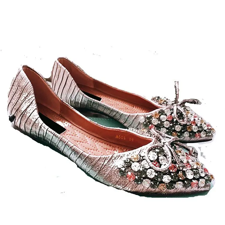 SWYIVY Woman Flats Shoes Rhinestone Bow 2018 New Lady Elegant Casual Shoes Pointed Toe Comfortable Shallow Mouth Flats  40 Size