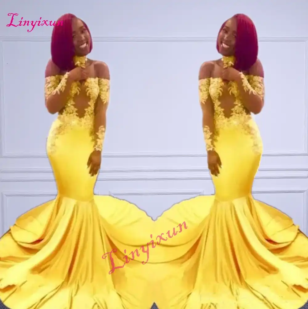 yellow long sleeve lace prom dress