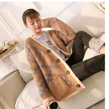 Полосатая комбинированная куртка-свитер с длинными рукавами женская Свободная куртка осенне-зимняя женская новая трикотажная куртка с длинными рукавами в стиле ретро d06