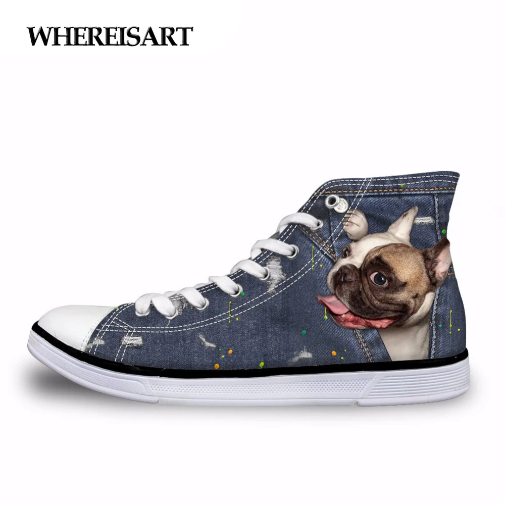 

WHEREISART Women Shoes Female French Bulldog Frenchie Sneakers Casual Vulcanize 3D Denim Pocket High Top Canvas Girls Footwear