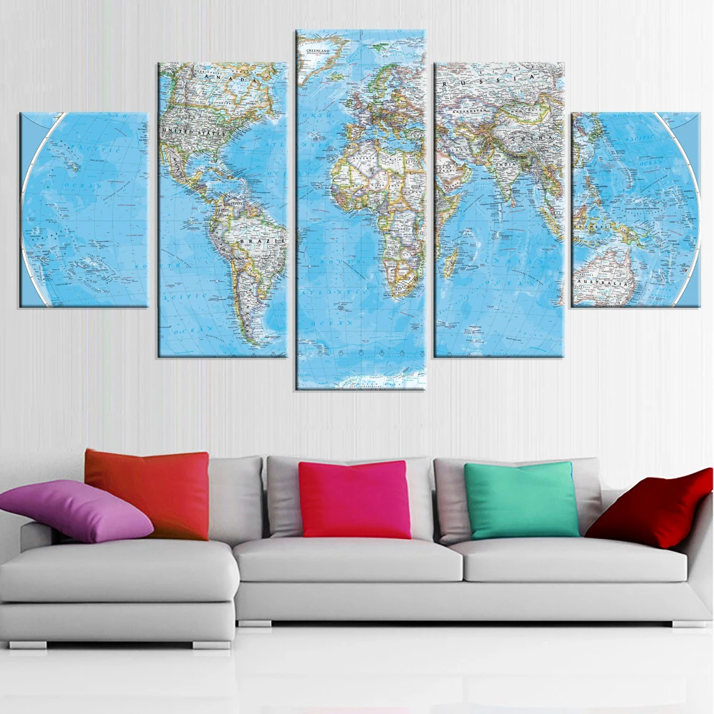 World Map Oil Painting Wall Art Decor Blue Blackground Canvas Print-5pcs 