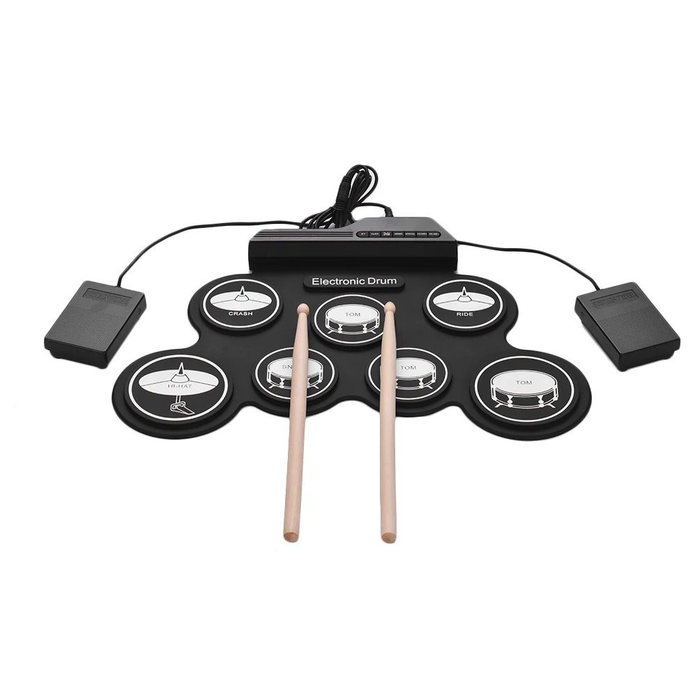 

Compact Size USB Roll-Up Silicon Drum Set Digital Electronic Drum Kit 7 Drum Pads with Drumsticks Foot Pedals for Beginners