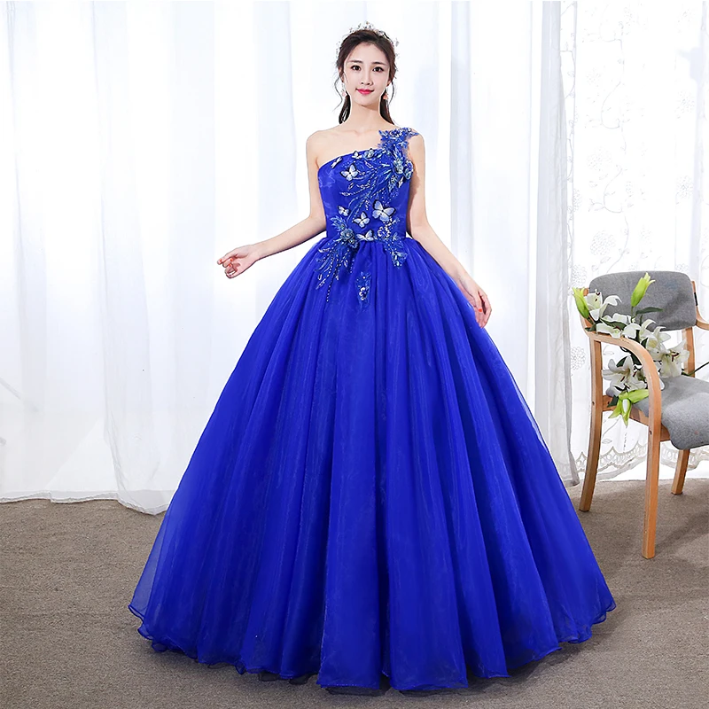 

2019 Elegant Vestidos De 15 Anos New Arrival One Shoulder Royal Blue Orange Quinceanera Dresses Formal Party Prom Gowns