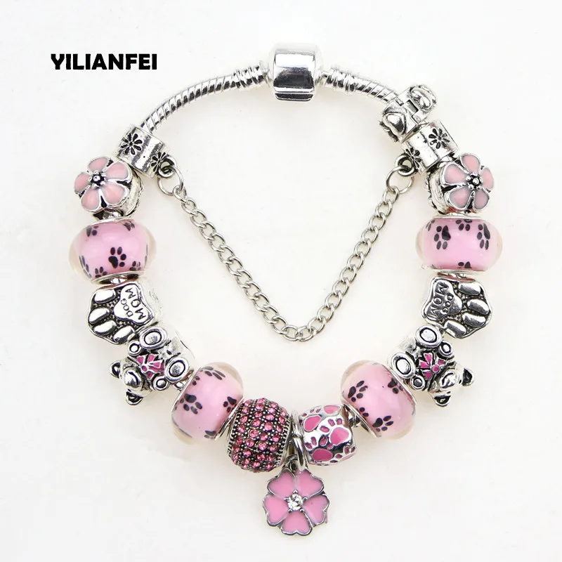 

YILIANFEI Silver plating color Heart Pendant Fashion Cute Charm Bracelets & Bangles with Pink Chamilia Beads For Women BT0142
