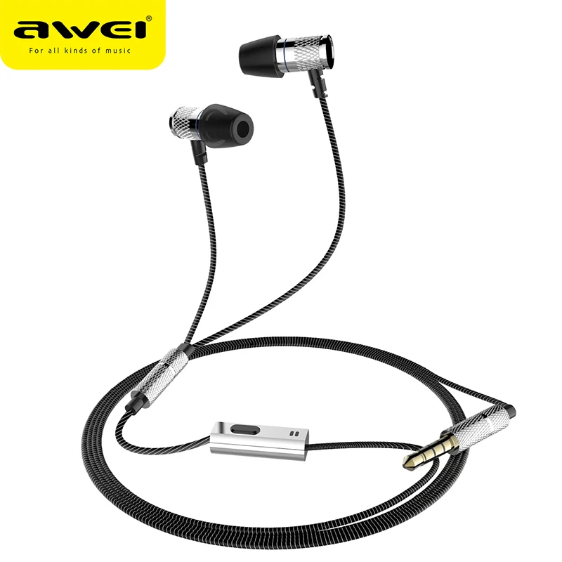 AWEI In-Ear Earphone Wired Headset fone de ouvido Bass Sound Earbuds With Mic Earpieces for Samsung iPhone Xiaomi auriculares - Цвет: Silver