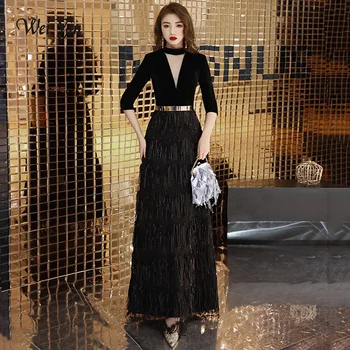 

weiyin Black Elegant Velvet Long Evening Dresses A-line Sexy High Neck Long Evening Dresses 2019 Formal Gowns WY1321