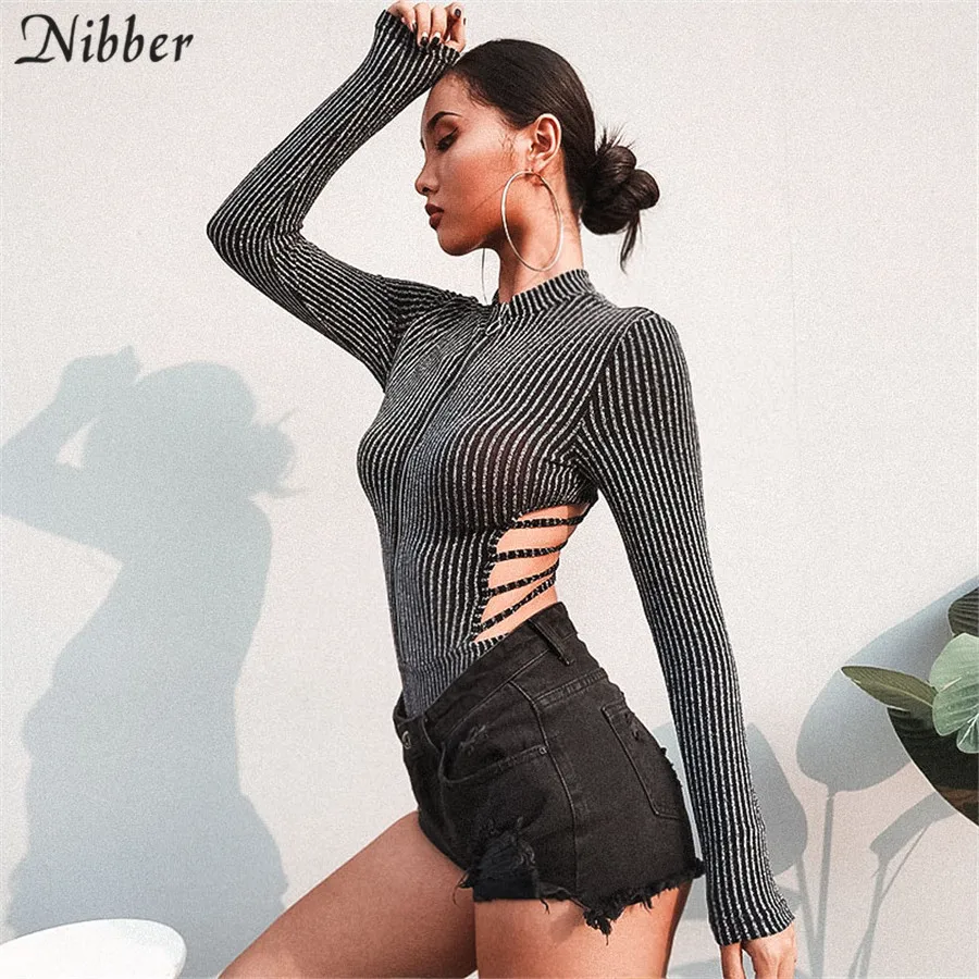

Nibber Women New Sexy Low-cut Backless bodysuit 2018 Autumn Ribbed Knitted lady V Neck Bodysuit hot Slim Soft Basic Bodysuits