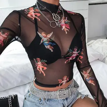 

Sexy Women T Shirt See Through Transparent Mesh Tops Long Sleeve Slim Ladies Turtleneck T-Shirt New Arrival Women tshirt