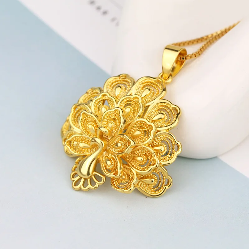

Luxury Peacock Pendants 24K Big Long Necklaces For Female Elegant Yellow Jewelry Necklace Hot Sale Exquisite Women Bijoux 2018