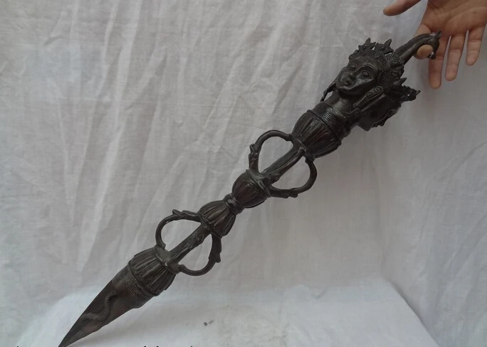 

p5928 26" Tibet Buddhist Bronze Vajra Dorje Head Statue Protect Phurpa Talisman Pestle