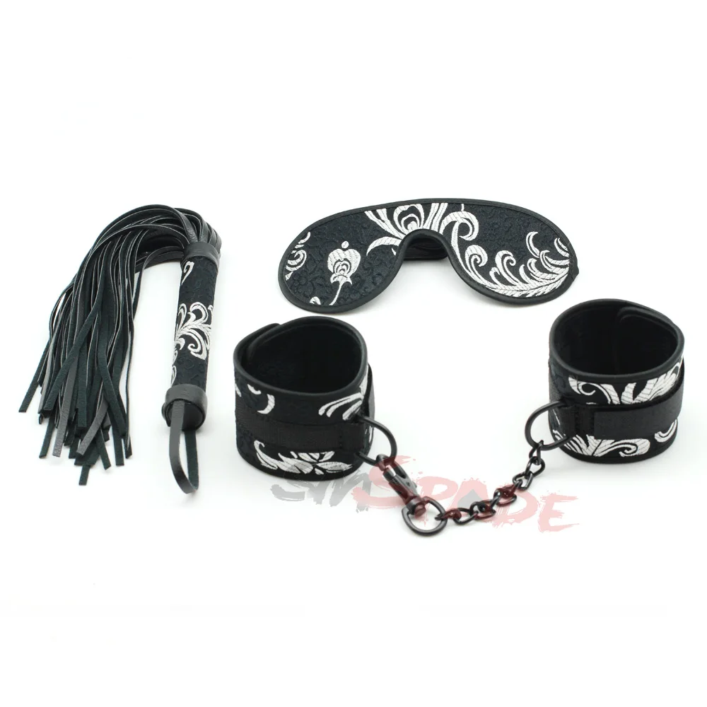 Bondage Sex Restraints Kit Handcuffs Blindfold Leather Whip Flogger