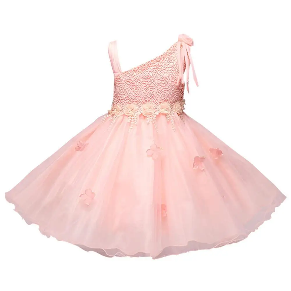 Детские платья для девочек платья для вечеринок оборками рукав бальное платье один от на плечо округлая воротник одежда розовое платье