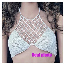 Ручной работы крючком бикини топы купальники летняя блузка на бретелях кроп Топы пляжная одежда