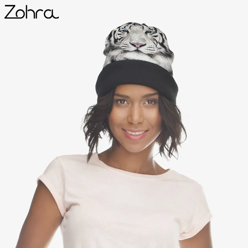 Zohra White Tiger 3D Graphic Full Print Hats Winter Women Men Beanie Hat Bobble Black Cuffed