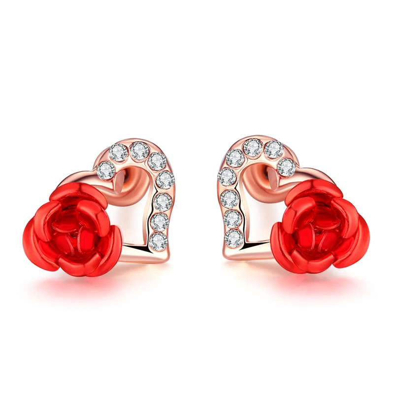 Sweet Love Heart Stud Earrings Red Rose Flower Earrings With Cubic