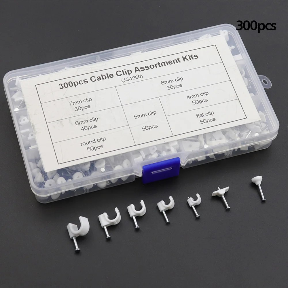 170/300pcs 4mm 5mm 6mm 7mm 8mm White Cable Clip and Round Flat Assortment kits |