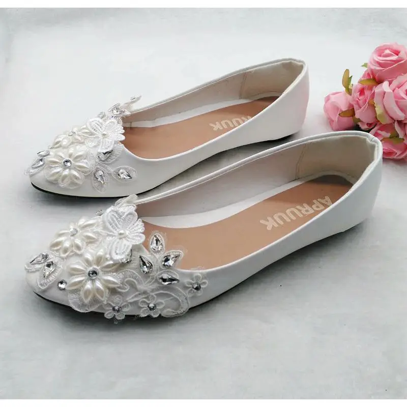 Дизайн белое кружево жемчуг Свадебная женская обувь бабочка ручной работы Большие размеры Стразы без шнуровки невесты обувь на плоской подошве - Цвет: Белый