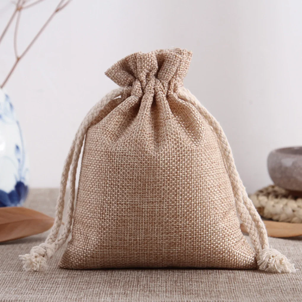 

Linen Draw String Jewelry Tea Storage Bag Candy Holder Solid Color Pattern Pocket Pounches