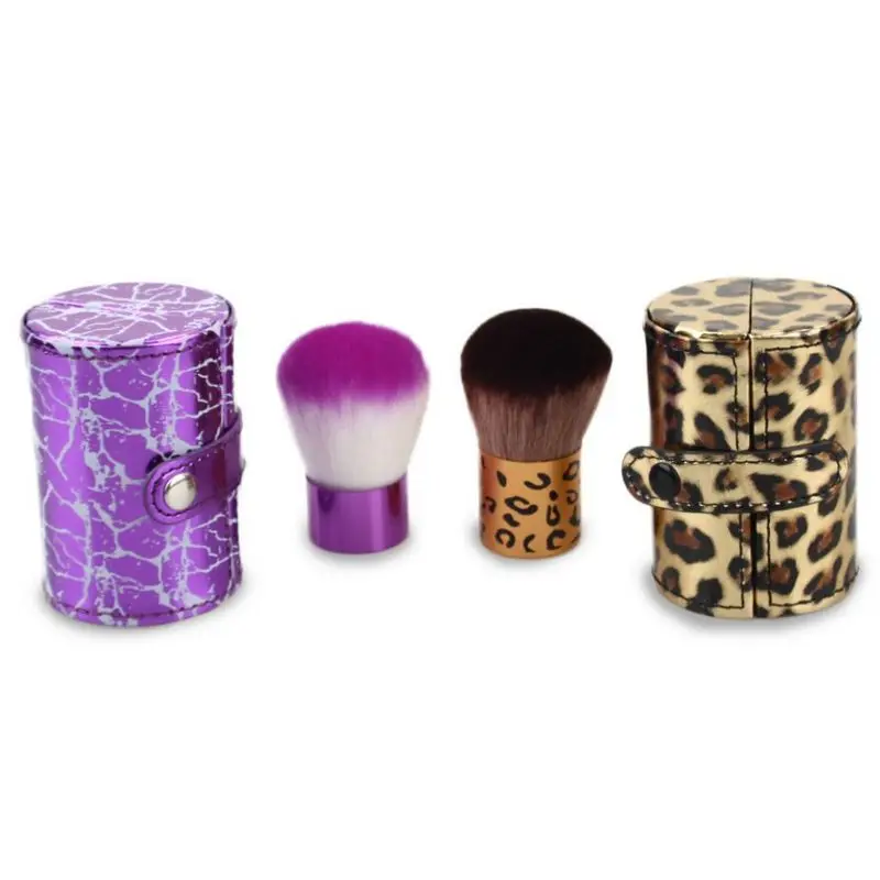 

3 colors Metal handle synthetic hair aluminum collar kabuki makeup brush with mini PU container powder brush