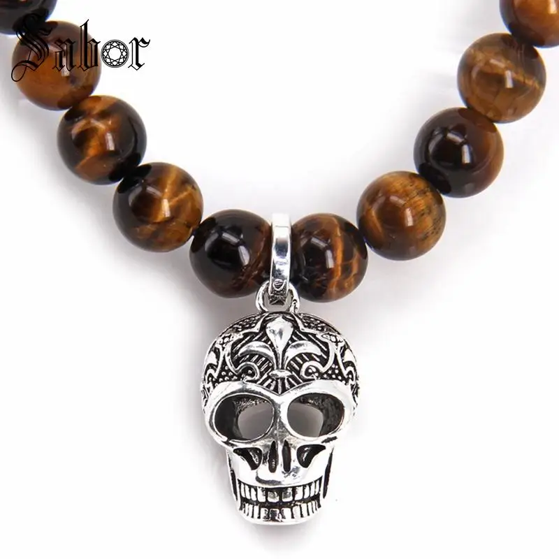 

AAAA Tiger Eye Beads & Lily Pattern Skulls Pendant Necklace Rebel Punk Jewelry Gift For Women & Men N91A thomas