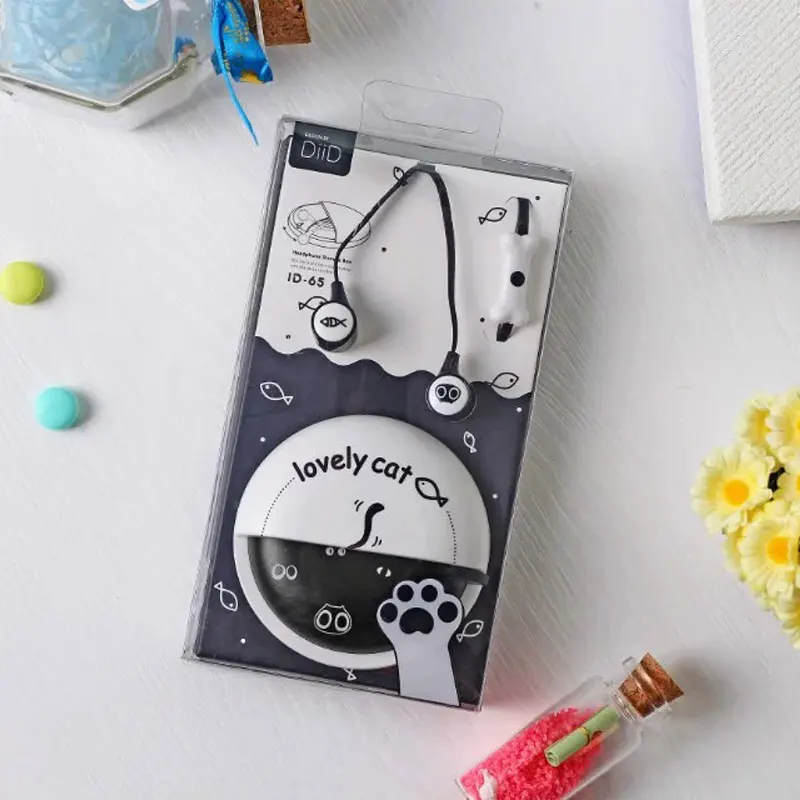 Милый Кот мультфильм Макарон наушники 3,5 мм в ухо стерео с микрофоном футляр для наушников для телефона девочки ребенок студент для MP3 MP4 подарок - Цвет: Черный