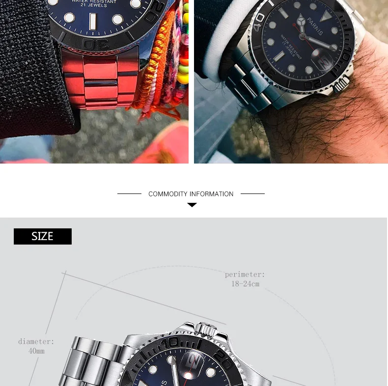 40 мм Parnis автоматические глубоководные серии часы мужские вращающиеся Керамические механические часы складной браслет с застежкой