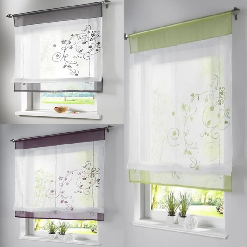 

Urijk Embroidered Stitching Window Tulle Yarn Kitchen Curtains Divider Home Sheer Curtain Drapes Voile Rod-shaped Ribbon Roman