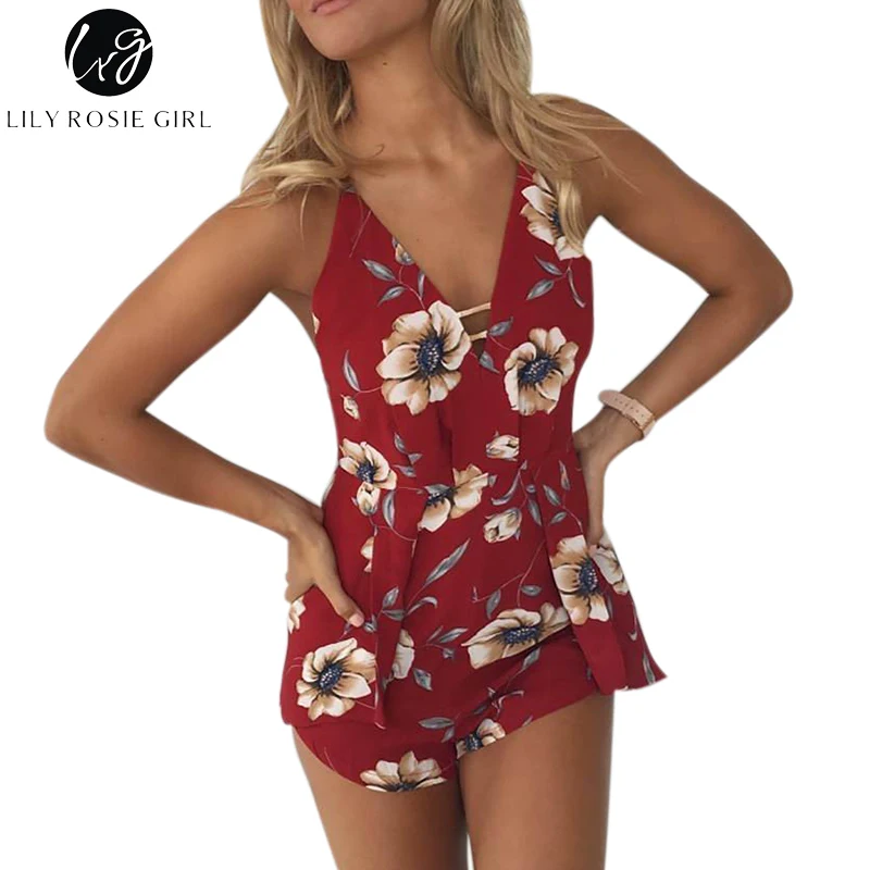 

Conmoto Girl Off Shoulder Red Floral Print Sexy Playsuits Women Boho Summer Beach Jumpsuits Short Rompers Backless Overalls